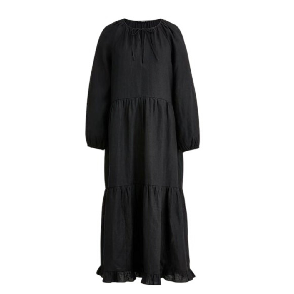 J.Crew Black Linen Tiered Maxi‎ Dress Long Sleeve Tie Neck XS/S